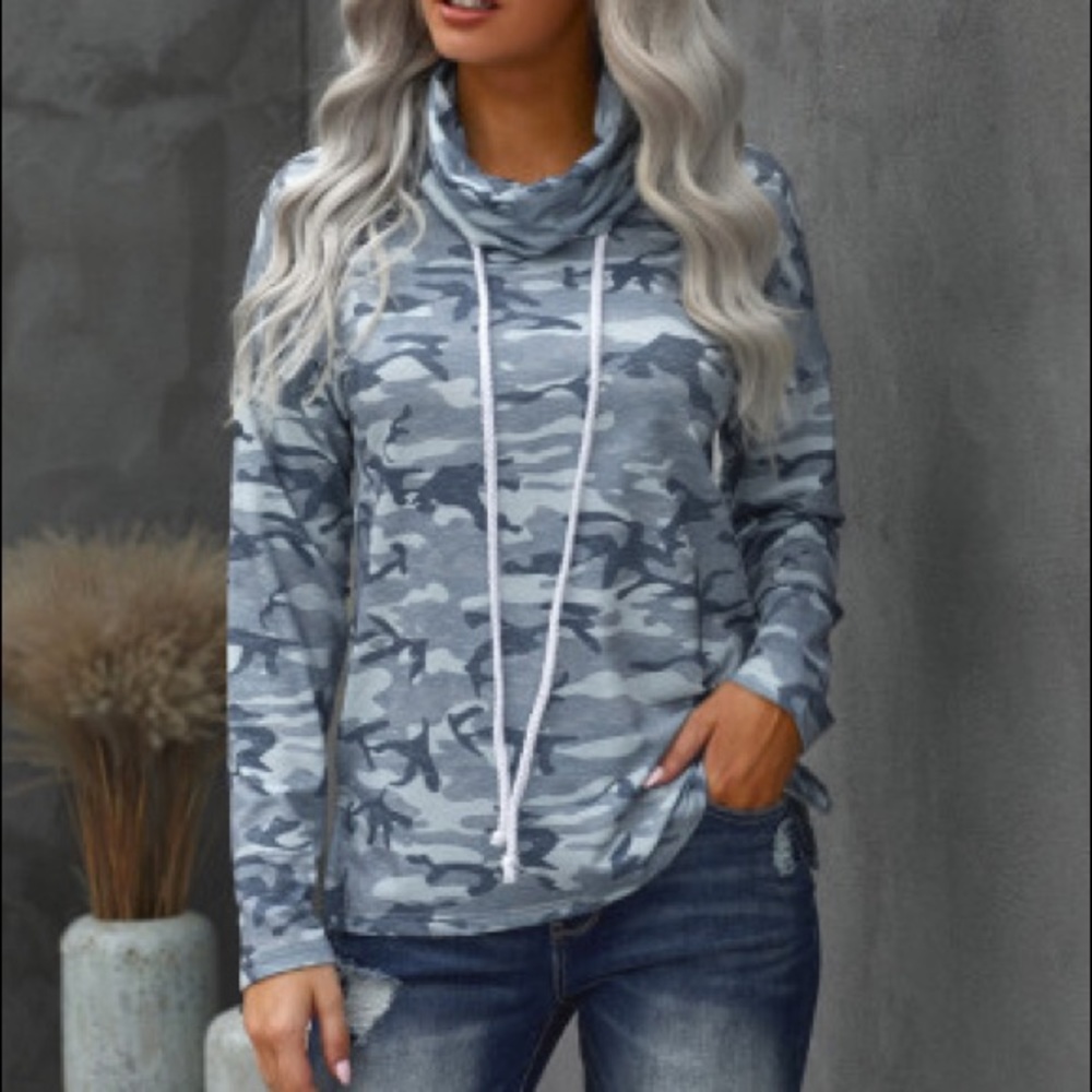 Grey Blue Camo Drawstring Sweatshirt